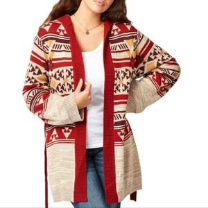 Wrangler Retro Cardigan With Hood Belt Size Large Oatmeal Aztec Print Western